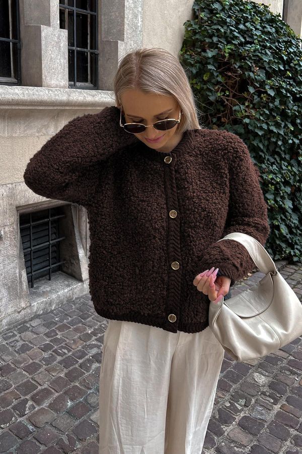 Madmext Madmext Brown Buttoned Boucle Knitwear Cardigan