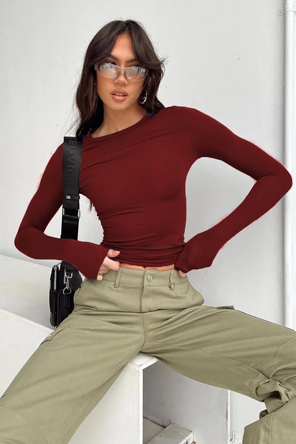 Madmext Madmext Burgundy Crew Neck Basic Long Sleeve Body