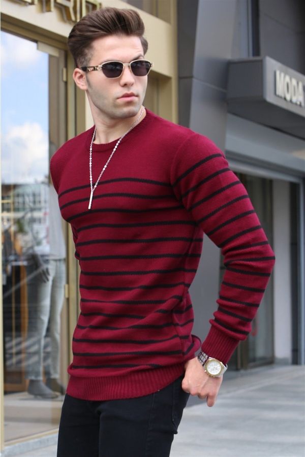Madmext Madmext Burgundy Striped Crew Neck Knitwear Sweater 5992