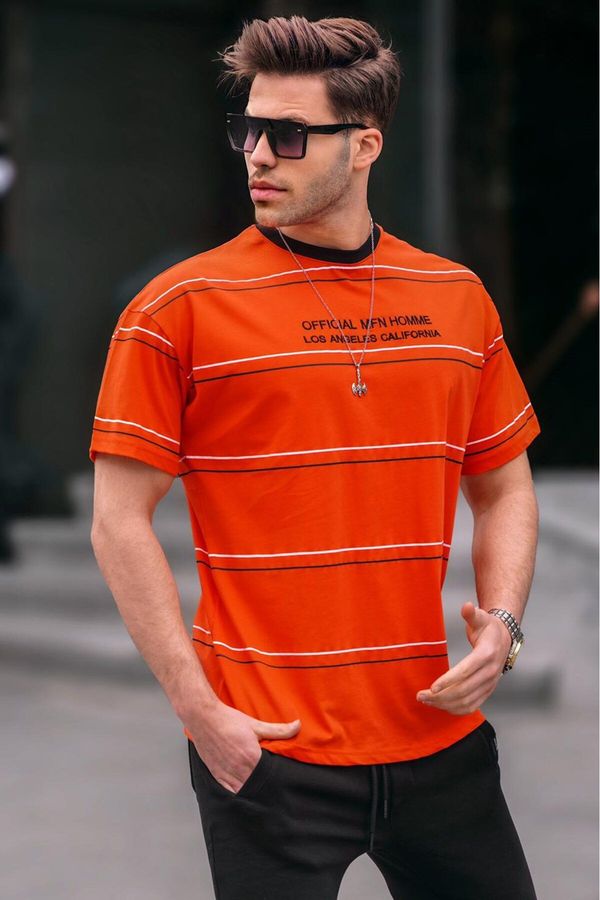 Madmext Madmext Crew Neck Orange Striped Comfort Fit Men's T-Shirt 6063