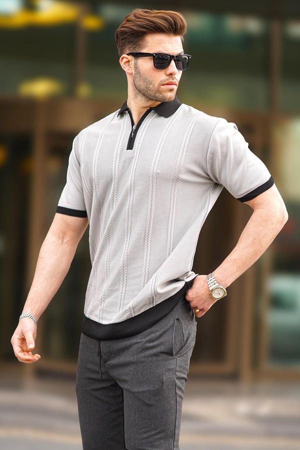 Madmext Madmext Gray Zipper Detailed Polo Collar Men's T-Shirt 6874