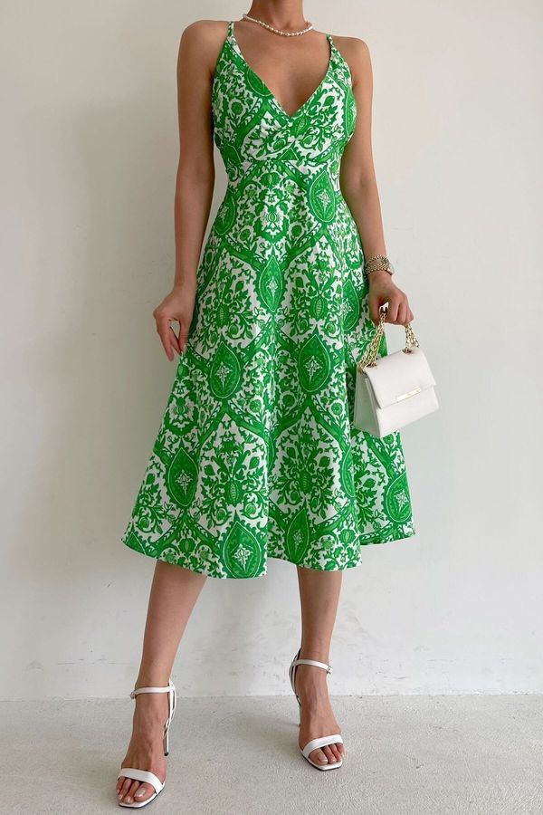 Madmext Madmext Green Patterned Decollete Midi Length Dress