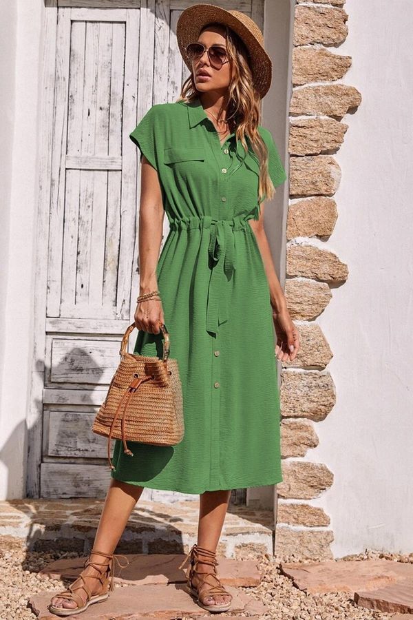 Madmext Madmext Green Shirt Collar Long Dress