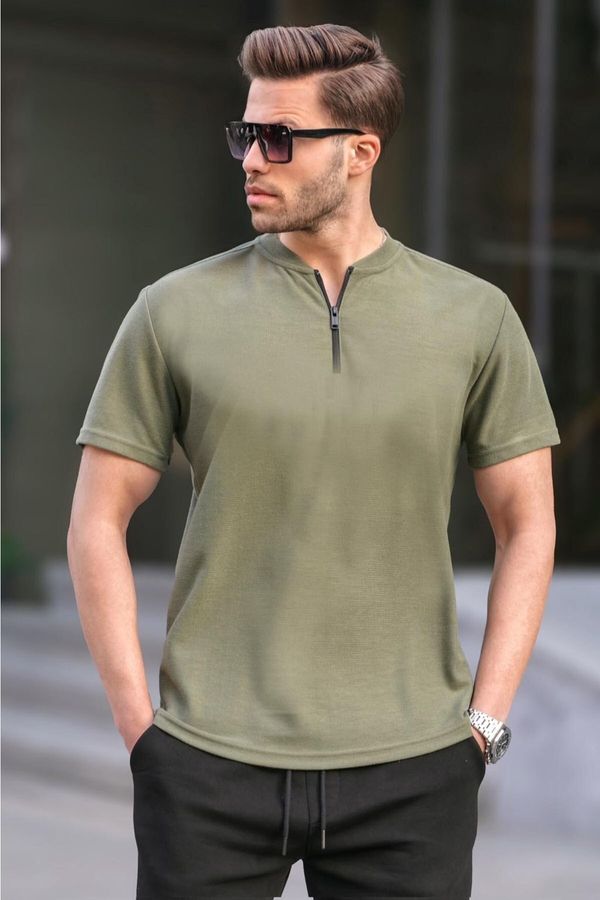 Madmext Madmext Khaki Green Zipper Collar Men's T-Shirt 6086
