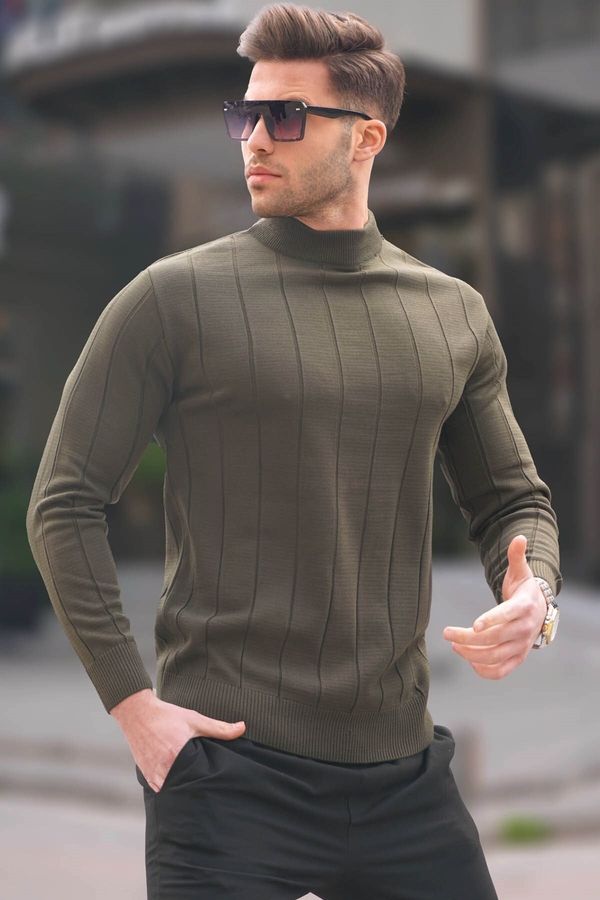 Madmext Madmext Khaki Slim Fit Half Turtleneck Striped Anti-Pilling Men's Knitwear Sweater 6344