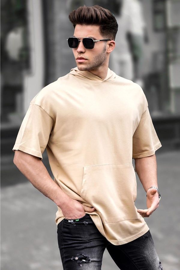 Madmext Madmext Men's Beige Hooded Oversize Basic T-Shirt 5853