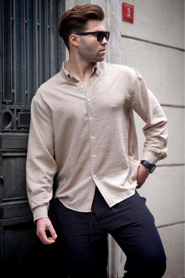 Madmext Madmext Men's Beige Long Sleeve Oversize Shirt 6735