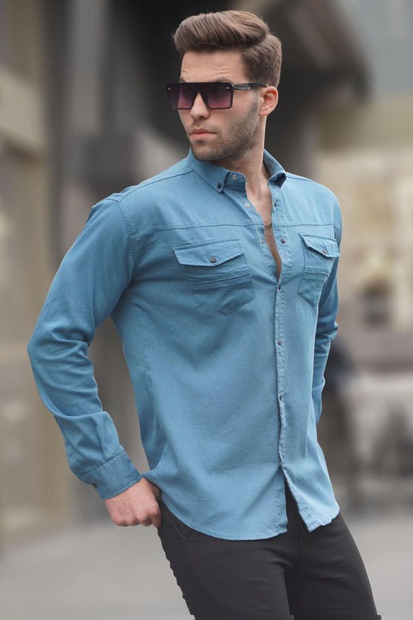 Madmext Madmext Men's Blue Comfortable Fit Gabardine Shirt 6810