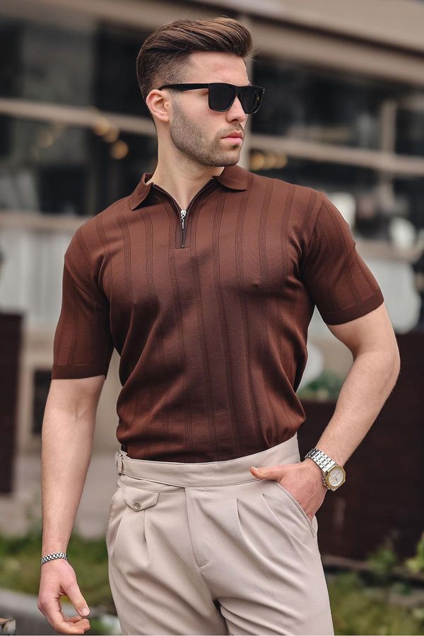 Madmext Madmext Men's Brown Polo Collar Zippered T-Shirt 6355