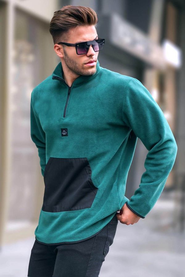 Madmext Madmext Men's Green Bato Collar Kangaroo Pocket Cold Proof Fleece Sweatshirt 6018