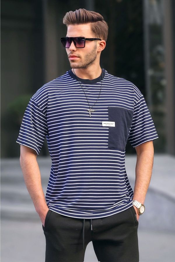 Madmext Madmext Men's Navy Blue Striped Patched T-Shirt 6085