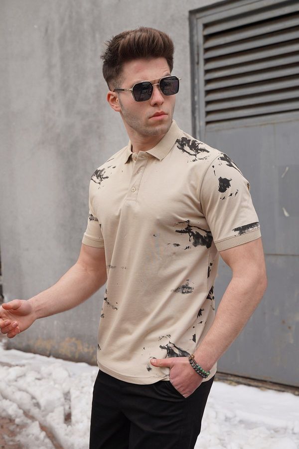 Madmext Madmext Men's Polo Neck Patterned Beige T-Shirt