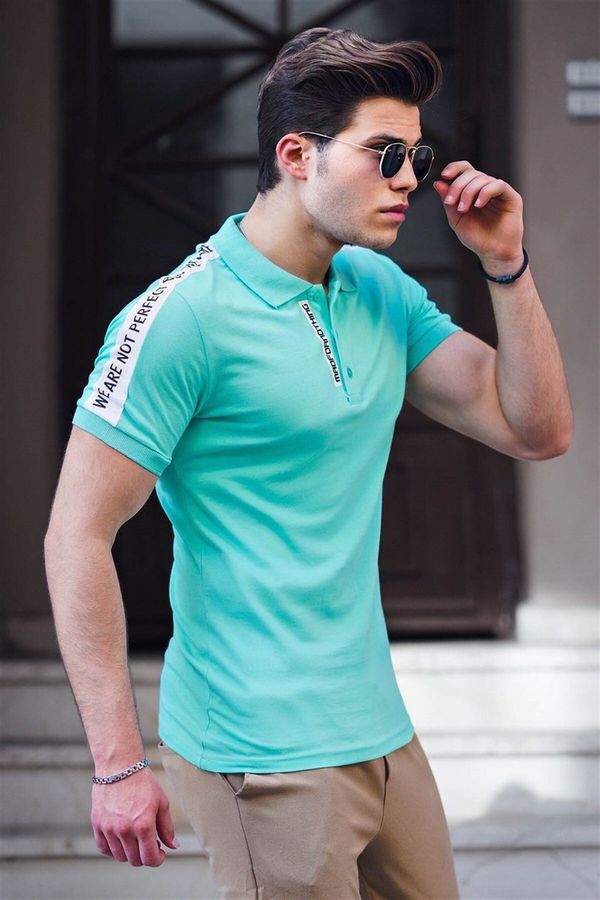 Madmext Madmext Men's Polo Neck Striped Shoulder Turquoise T-Shirt 4616