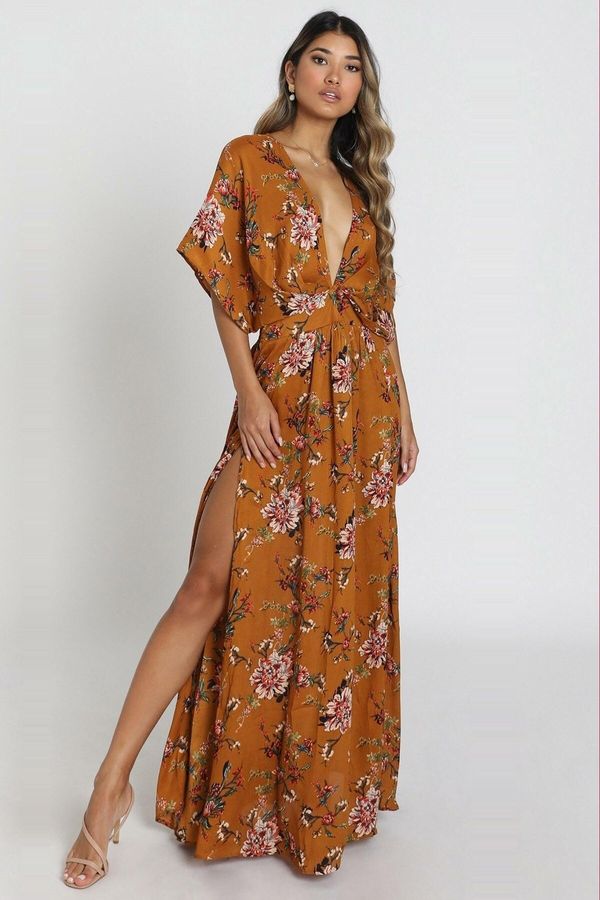 Madmext Madmext Mustard Patterned Long Dress With Slit Detail
