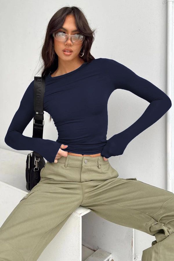 Madmext Madmext Navy Blue Crew Neck Basic Long Sleeve Body