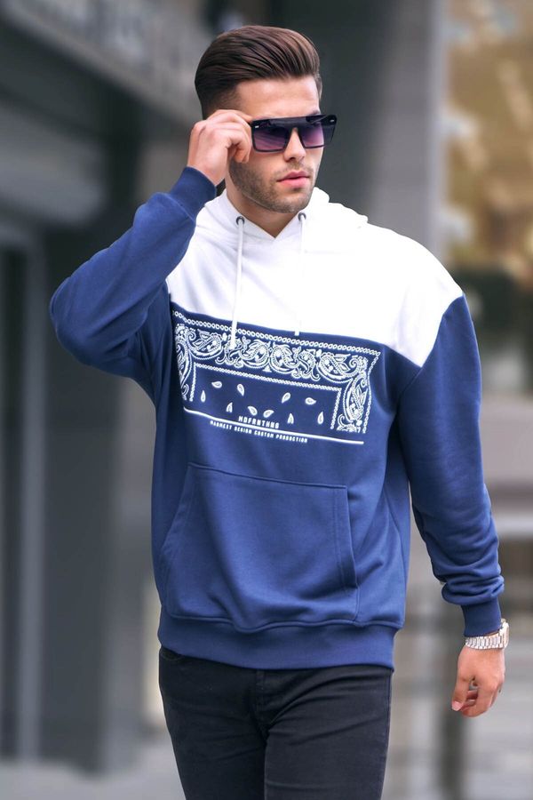 Madmext Madmext Navy Blue Hoodie with Patterned Sweatshirt 6022