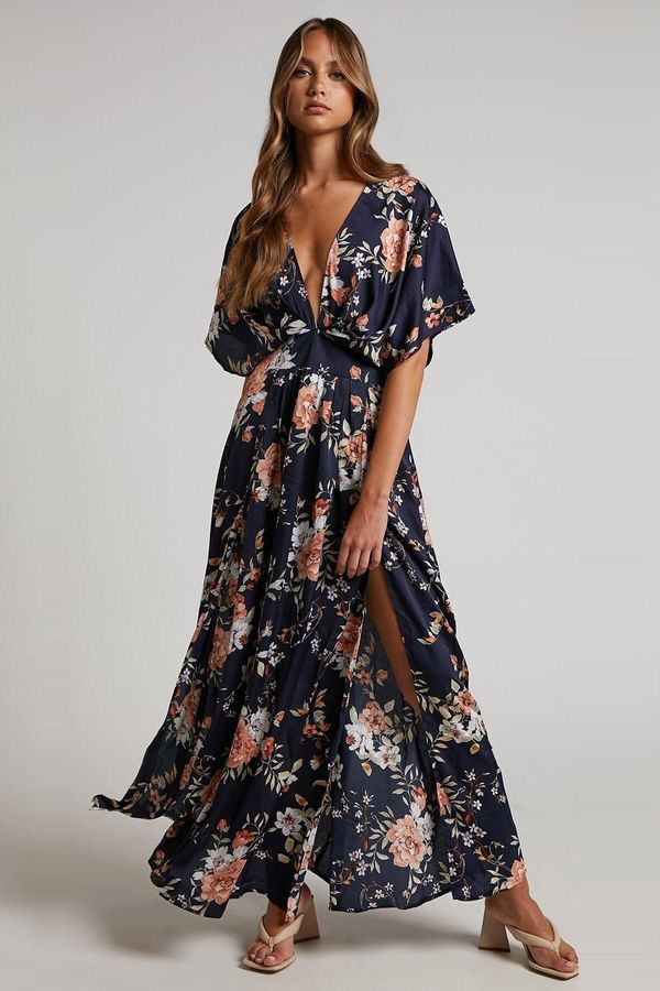 Madmext Madmext Navy Blue Patterned Slit Detailed Long Dress