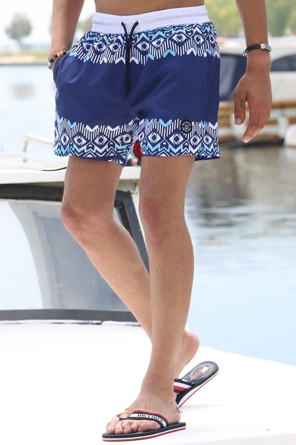 Madmext Madmext Navy Blue Patterned Swim Shorts with Pockets 5788