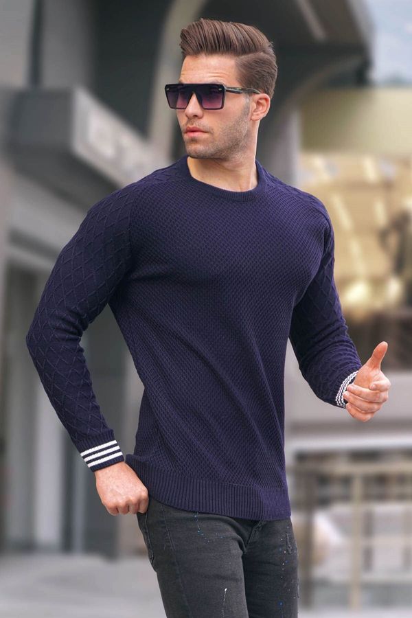 Madmext Madmext Navy Blue Sleeve Patterned Crew Neck Knitwear Men's Sweater 5987