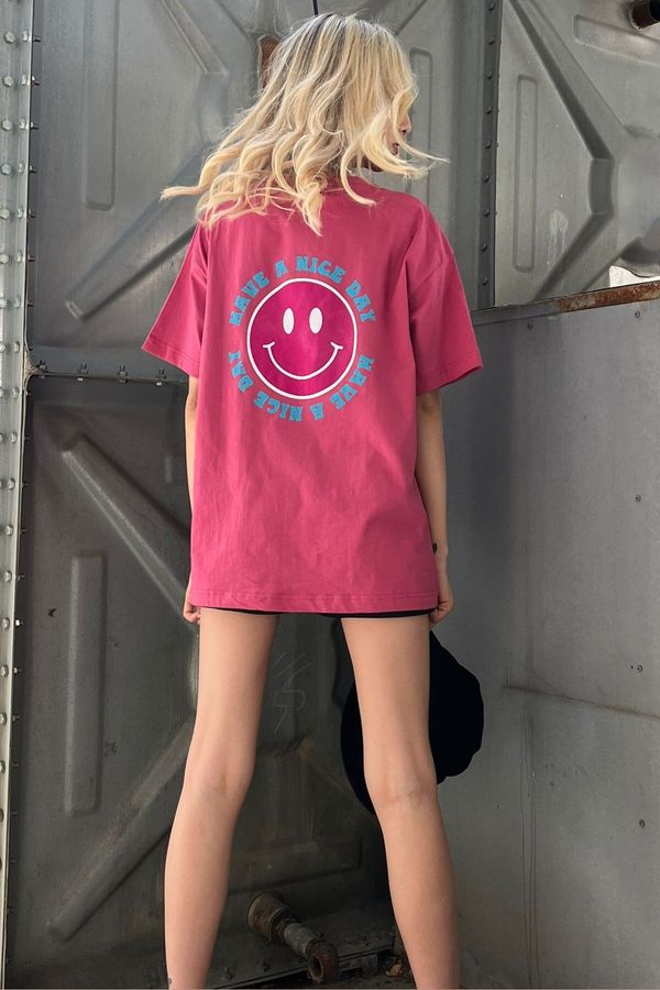 Madmext Madmext Pink Back Printed Oversize Round Neck Women's T-Shirt