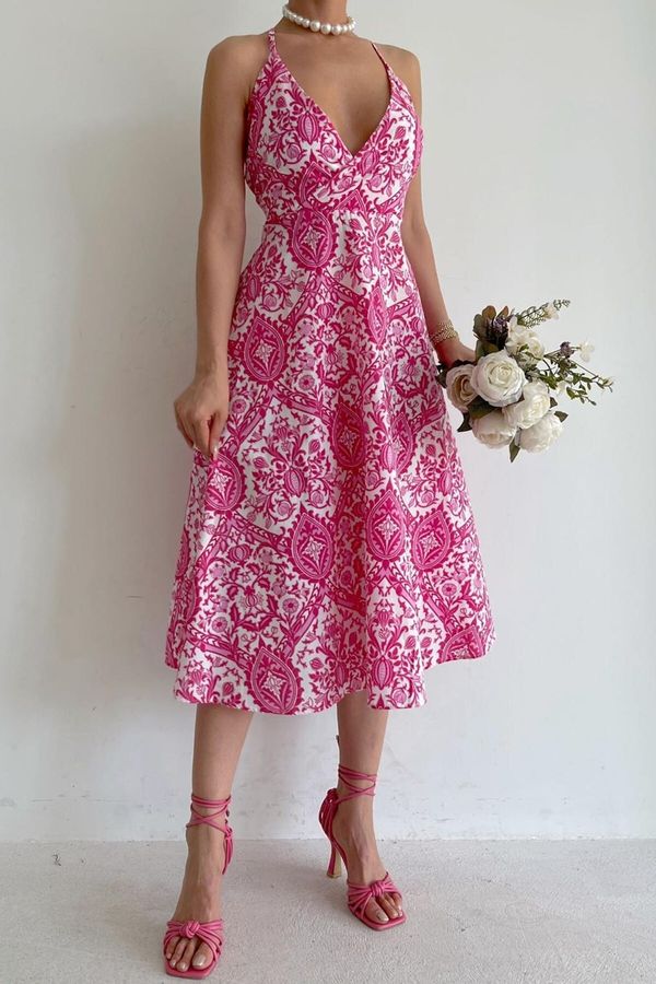 Madmext Madmext Pink Patterned Decollete Midi Length Dress