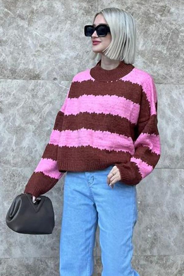 Madmext Madmext Pink Patterned Oversize Sweater