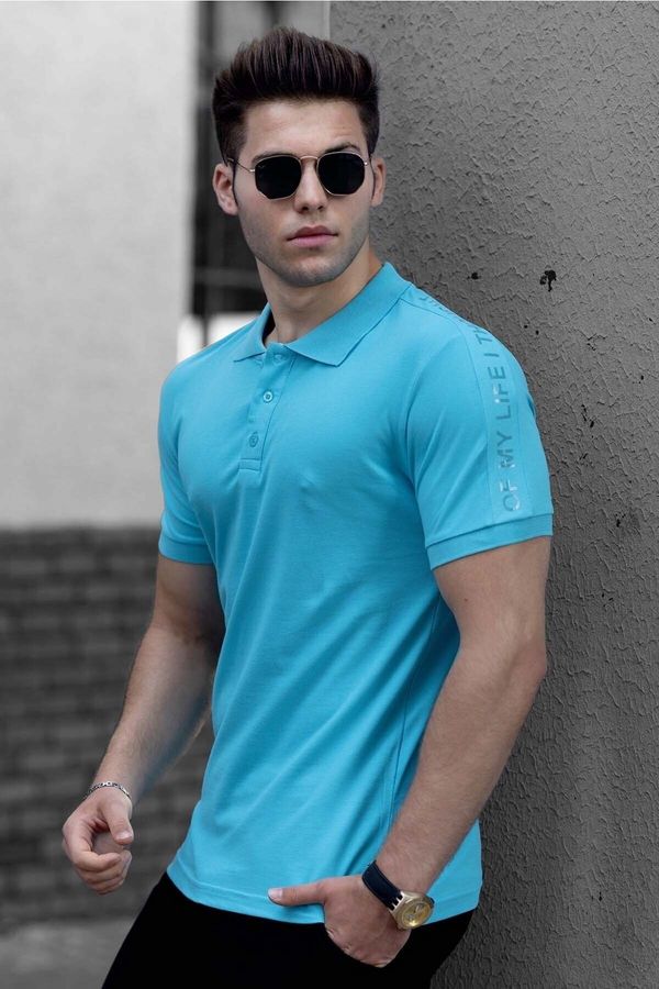Madmext Madmext Shoulder Print Men's Blue Polo T-Shirt 4585