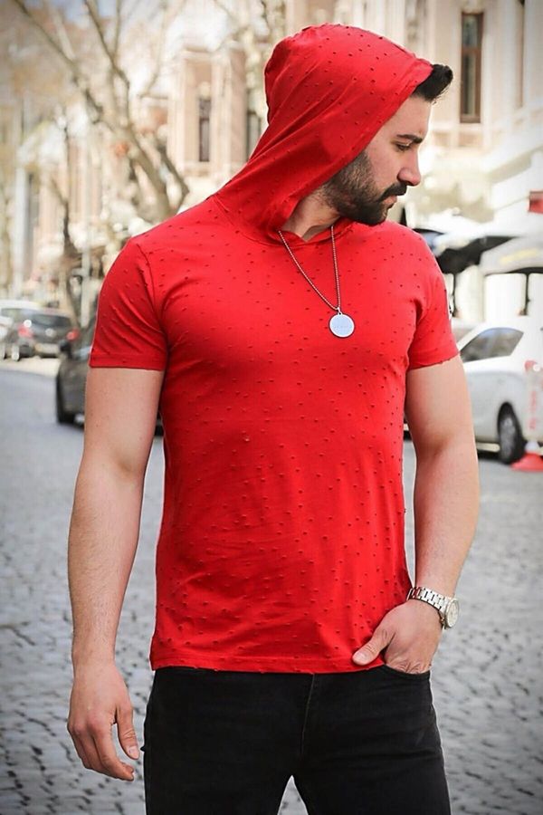 Madmext Madmext Torn Detailed Red Hooded T-Shirt 3069