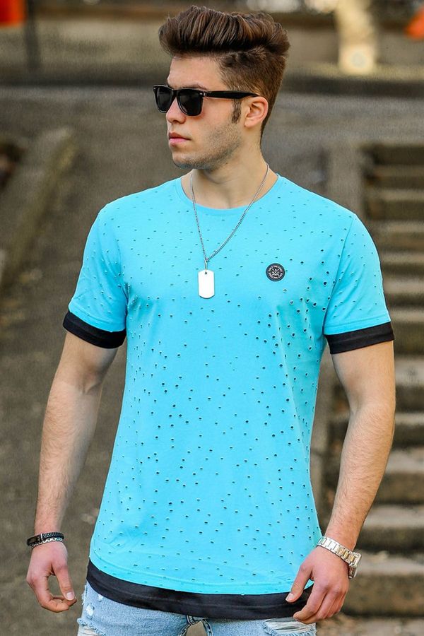 Madmext Madmext Turquoise Men's Torn Detailed T-Shirt 4489