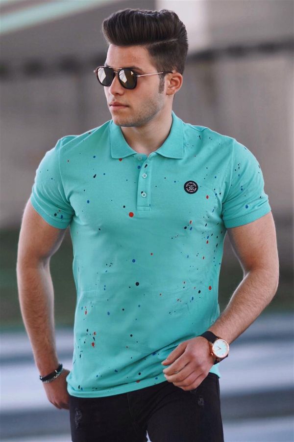 Madmext Madmext Turquoise Spray Print Polo Neck T-Shirt 4583
