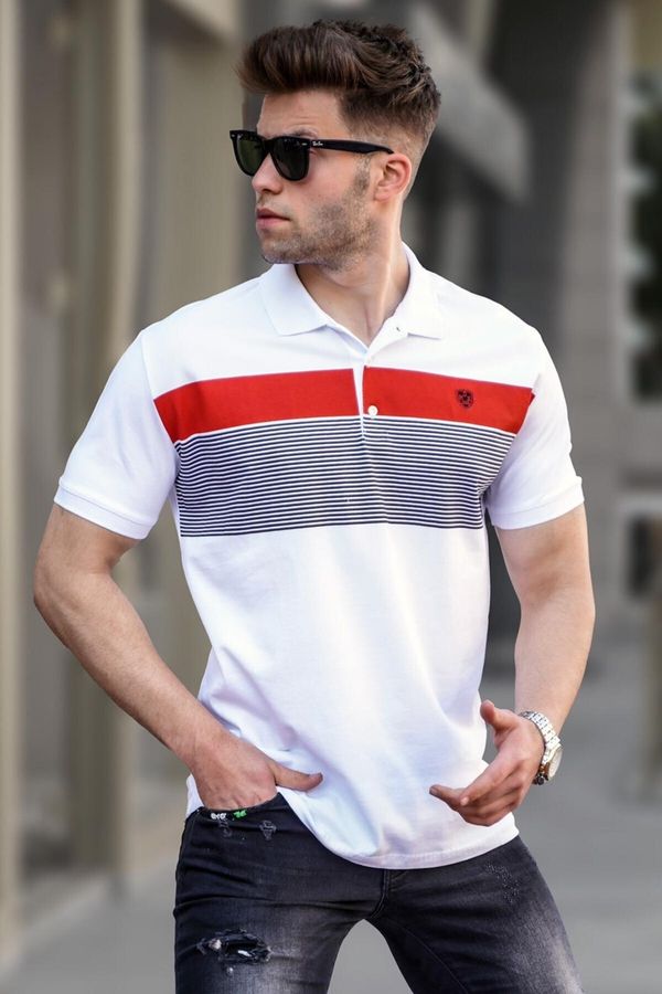 Madmext Madmext White Striped Polo Neck Men's T-Shirt 5864