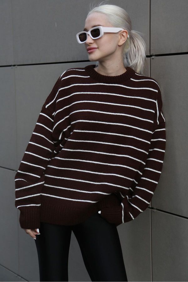 Madmext Madmext Women's Brown Striped Knitwear Sweater