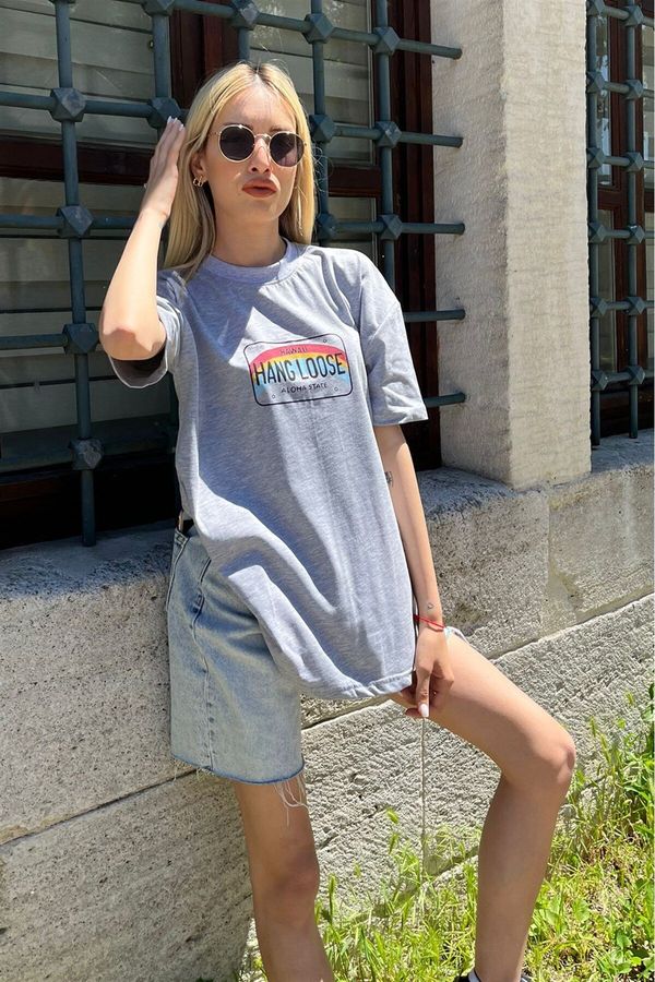 Madmext Madmext Women's Gray Printed Oversize T-shirt Mg808