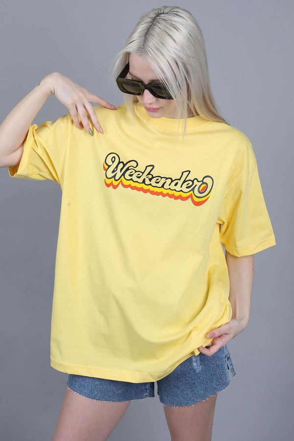 Madmext Madmext Yellow Printed Oversized Round Neck Women's T-Shirt