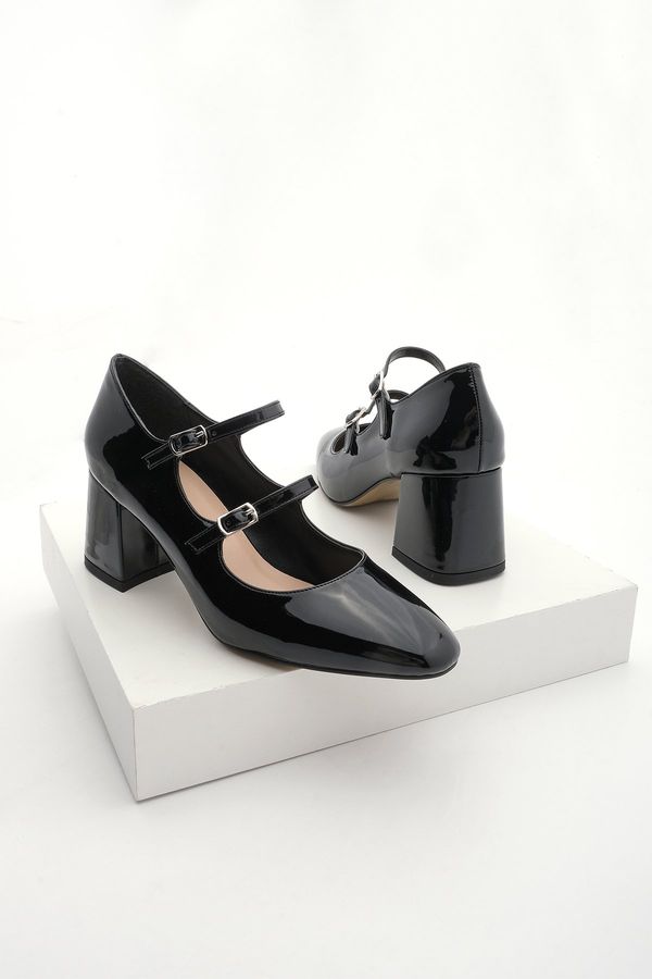 Marjin Marjin Women's Chunky Heel Double Strap Classic Heel Shoes Asney Black Patent Leather