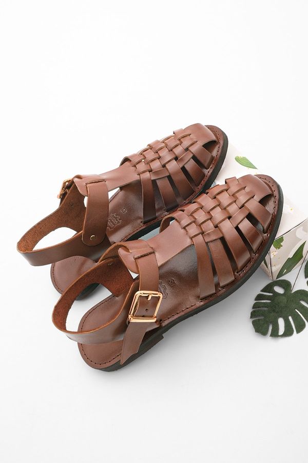 Marjin Marjin Women's Genuine Leather Lightweight EVA Sole Daily Sandals, Kesva, tan.