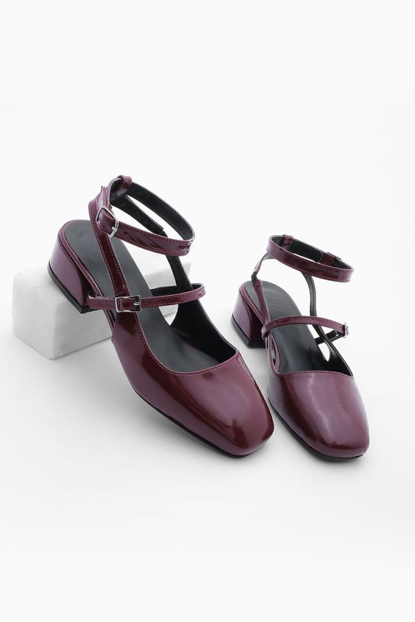 Marjin Marjin Women's Helmet Square Toe Open Back Short Block Heel Mary Jane Shoes Hanse Burgundy Patent Leather