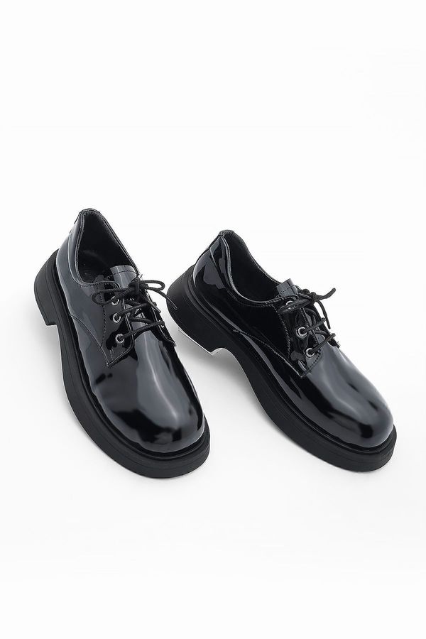 Marjin Marjin Women's Oxford Lace-up High Sole Casual Shoes Tusyep Black Patent Leather