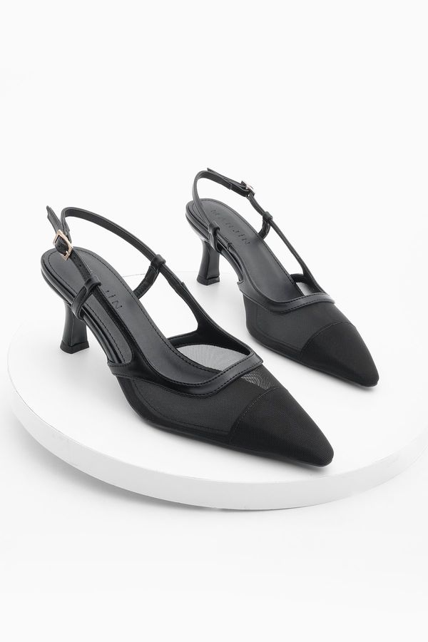 Marjin Marjin Women's Pointed Toe Open Back Mesh Classic Heel Shoes Bevon Black