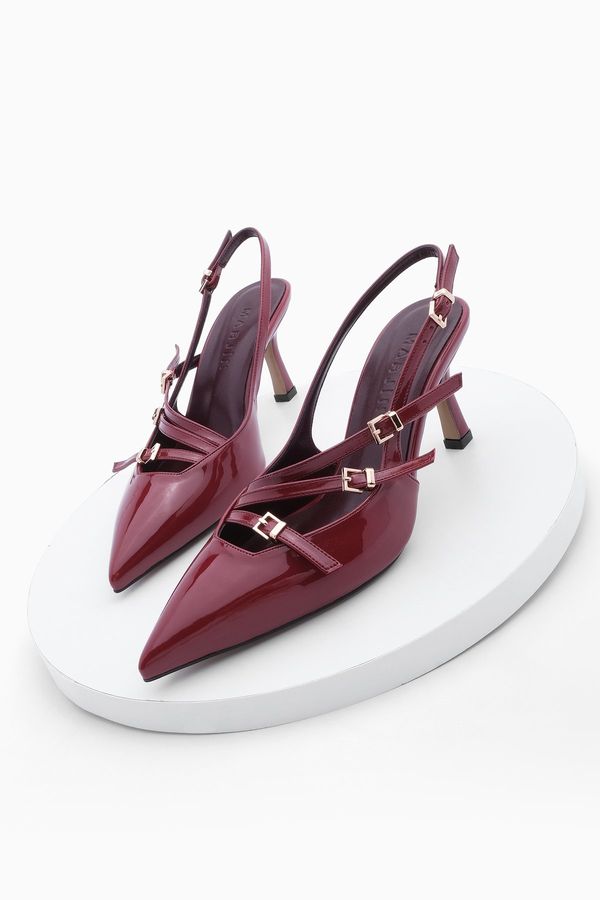 Marjin Marjin Women's Pointed Toe Tri Band Belt Detail Open Back Classic Heel Shoes Bevil Burgundy Patent Leather