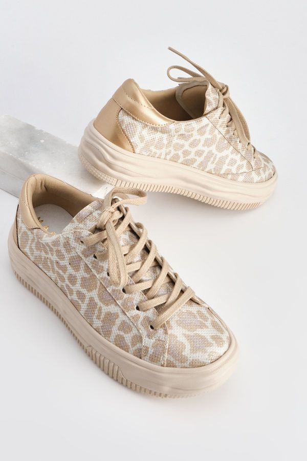 Marjin Marjin Women's Sneaker Thick Sole Lace-Up Sneakers Tales Beige Leopard.