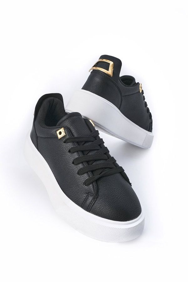 Marjin Marjin Women's Sneakers Thick Sole Gold Buckle Detail Lace-Up Sneakers Rofke Black.