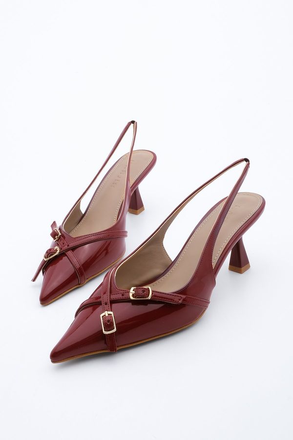 Marjin Marjin Women's Stiletto Pointed Toe Open Back Thin Heel Heel Shoes Chestnut Burgundy Patent Leather