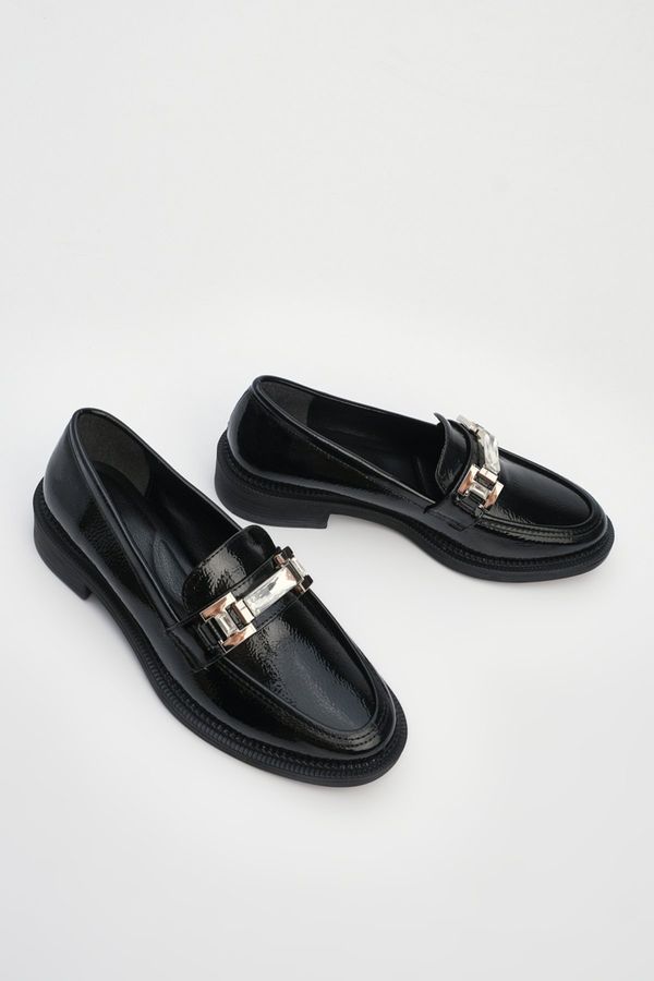 Marjin Marjin Women's Stone Buckle Loafer Casual Shoes Hosre Black Patent Leather