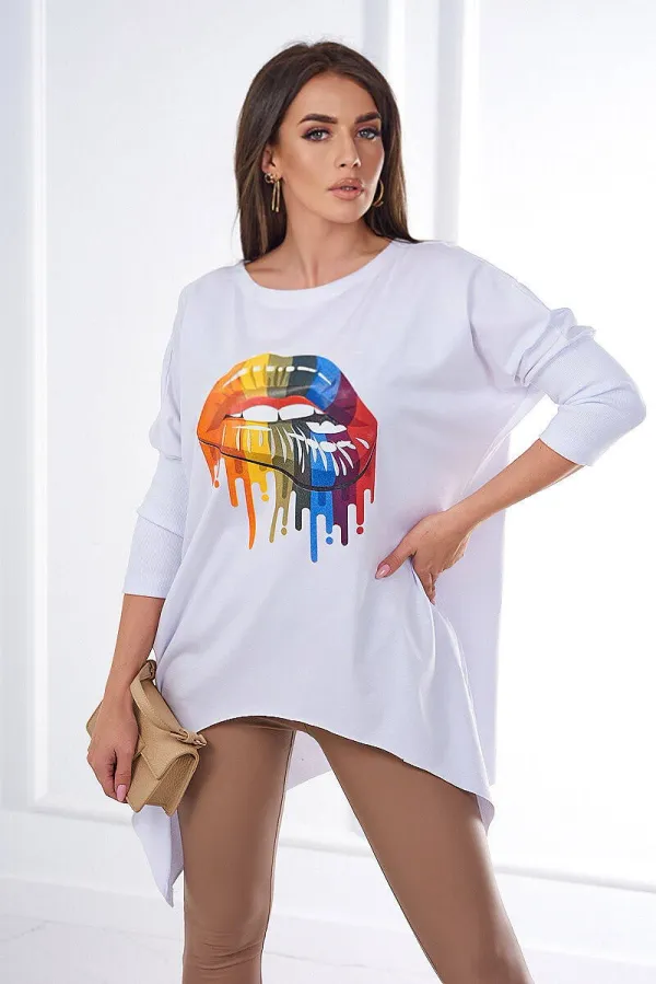 marka niezdefiniowana marka niezdefiniowana Blouse oversize with rainbow lips print white