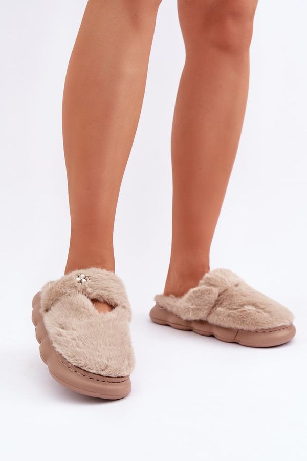 marka niezdefiniowana marka niezdefiniowana Furry Slippers With A Small Brooch Dark Beige Primaria