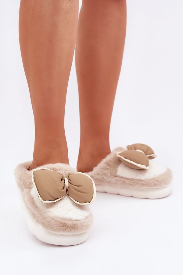 marka niezdefiniowana marka niezdefiniowana Furry Slippers With Bow Beige Grilis