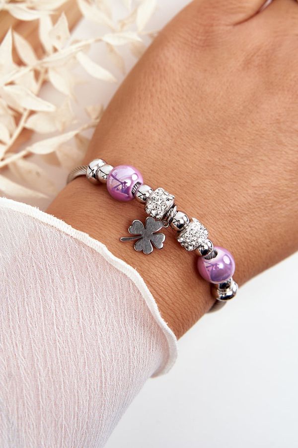 marka niezdefiniowana marka niezdefiniowana Steel Bracelet With Charms Clover Clover Silver-Purple