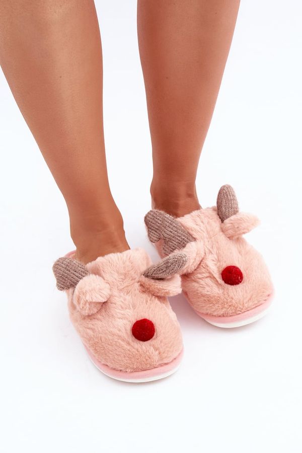marka niezdefiniowana marka niezdefiniowana Women Fur Slippers With Reindeer Motif Pink Sennalith