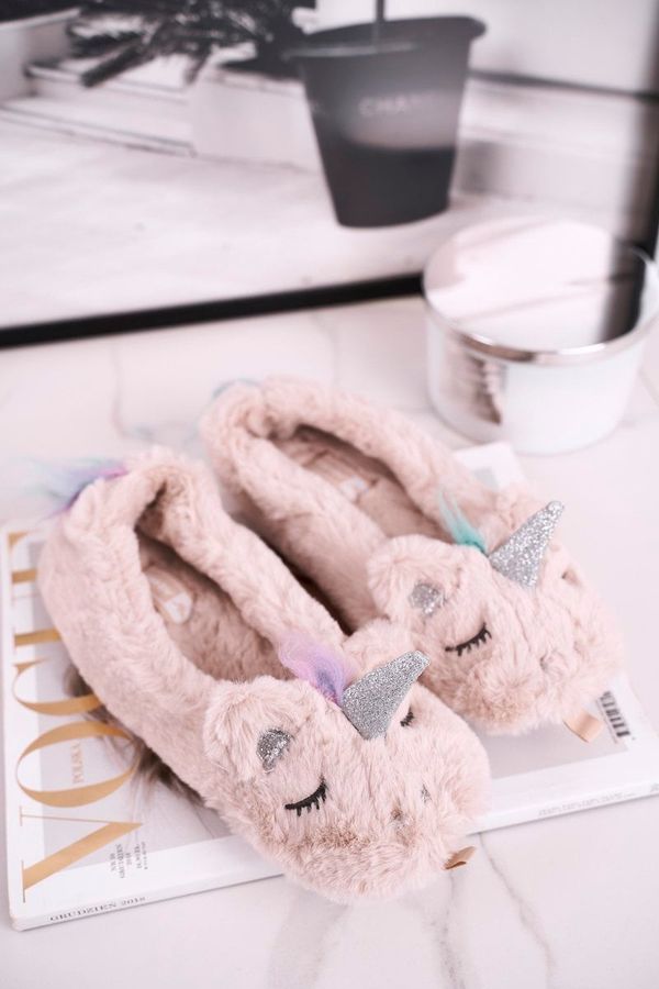 marka niezdefiniowana marka niezdefiniowana Women's Slippers With Fur Unicorn Beige Rainbow